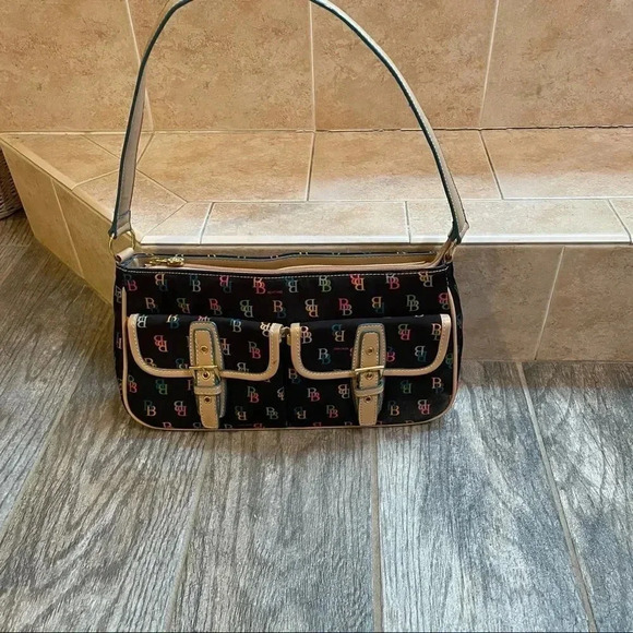 Brentano shoulder bag Purse Black with tan strap Logo print - Picture 2 of 10